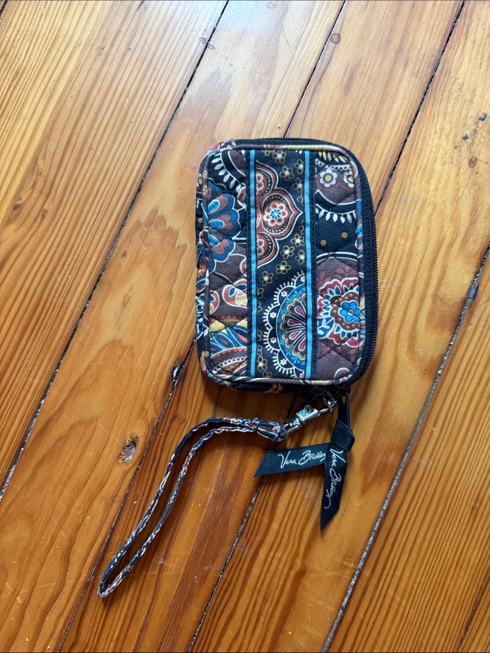 Vera Bradley Quilted Wristlet in Black with Brown and Blue Paisley